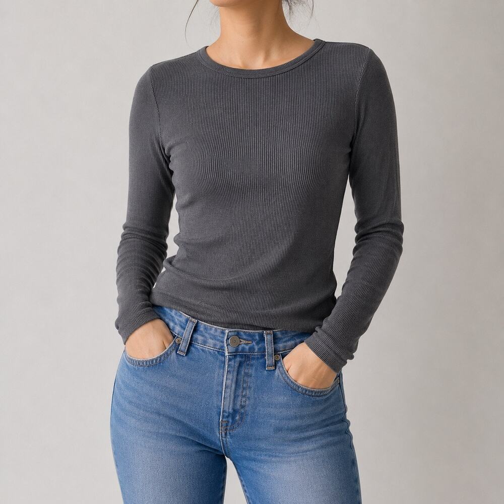 Zara Gray Ribbed Long Sleeve Top Sz M